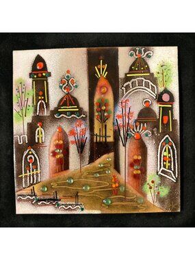 Agi Vardi Enamel on Copper Wall Framed Cityscape Israel Kibbutz Mid Century Mod